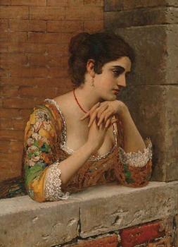 Eugene De Blaas : venetian beauty on balcony